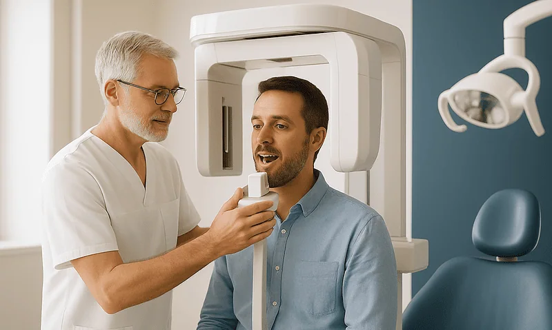 Dental X-ray scan being explained to a patient at Acibadem Hospital.