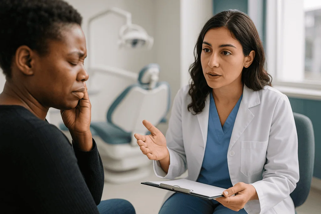 Female doctor consulting male patient in clinical office: Dry socket vs normal healing: what the first week is supposed to f
