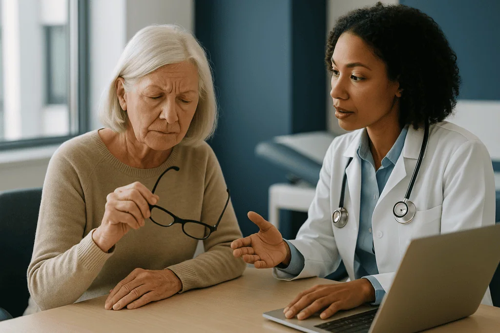 Doctor consulting with elderly patient at desk with laptop: Dry vs wet macular degeneration at a glance