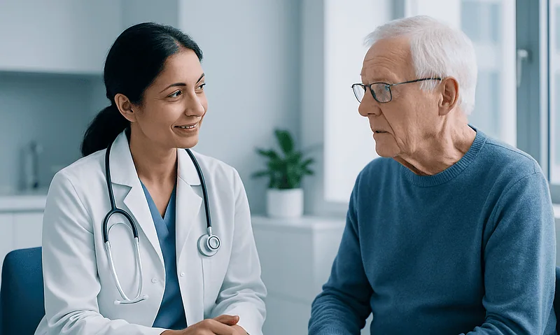 Optometrist consulting elderly patient about eye health in clinic.