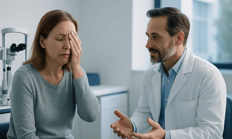 Patient experiencing eye discomfort during consultation at Acibadem Hospital.