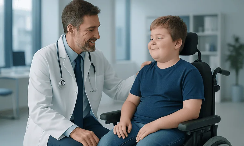 Pediatric doctor consulting with a young boy in a wheelchair at a hospital.