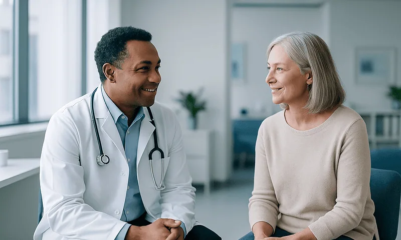 Doctor consulting with an elderly female patient in a modern clinic.