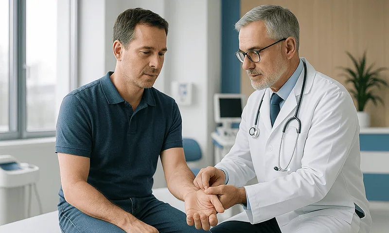 Doctor examining patient's hand for Dupuytren Contracture diagnosis.
