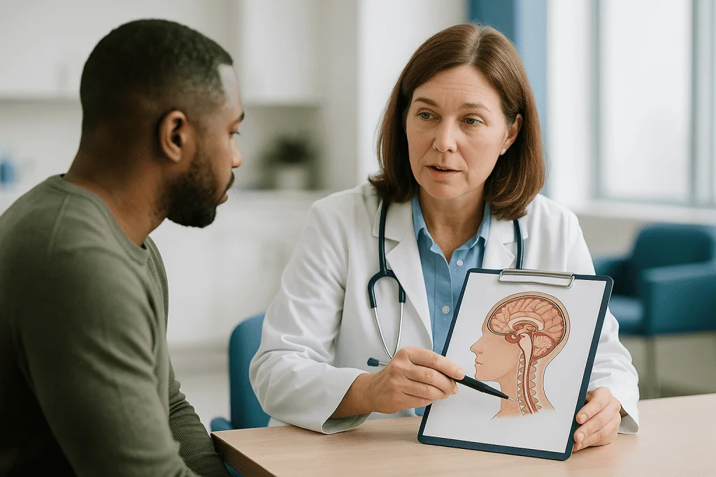 Doctor consulting patient with anatomical brain diagram: Duraplasty vs bone-only decompression: which approach do surgeons c