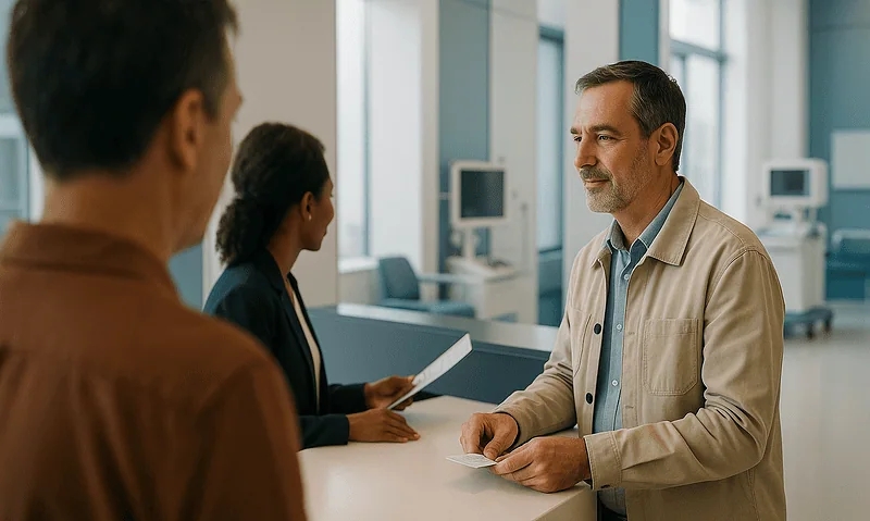 Doctor consulting with patients in a hospital reception area.