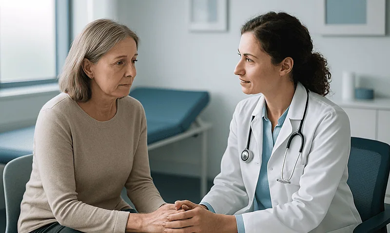 Doctor consulting with an elderly female patient in a medical office.