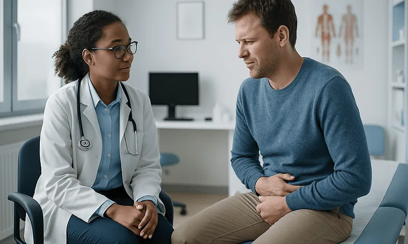 Doctor consulting a patient about symptoms in a medical office.