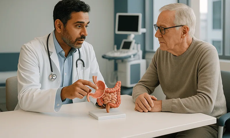 Doctor explaining digestive system to elderly patient in clinic.