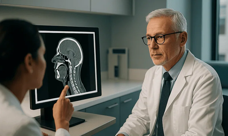 Doctor and patient discussing brain MRI scan in a medical consultation room.