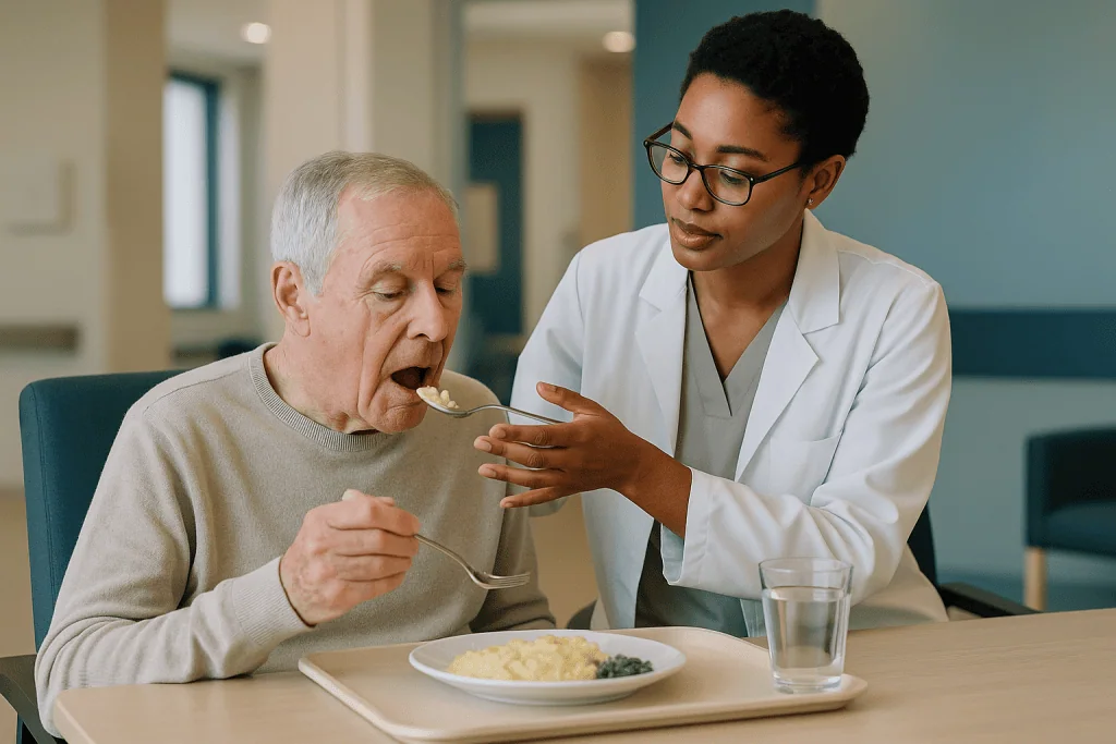 Healthcare worker assisting elderly patient with eating: Dysphagia caregiver tips for the mealtime itself