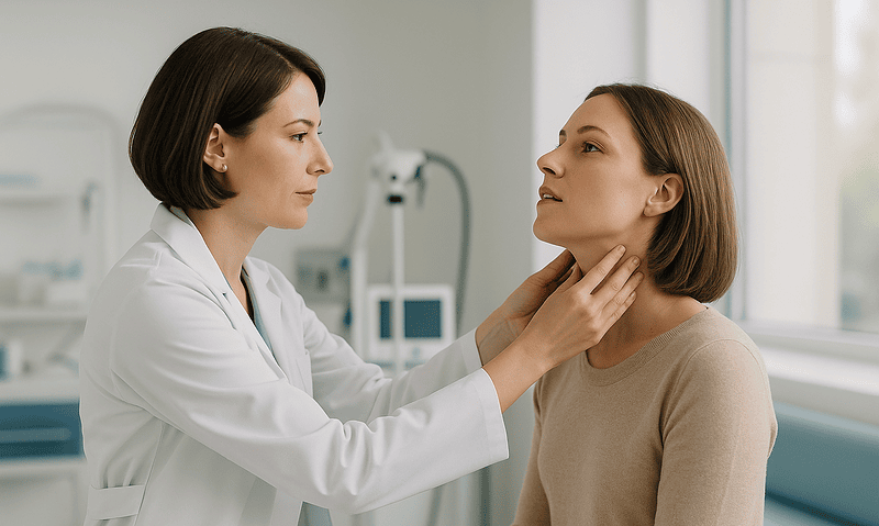 Doctor examining a patient's throat for dysphagia assessment at Acibadem Hospital.