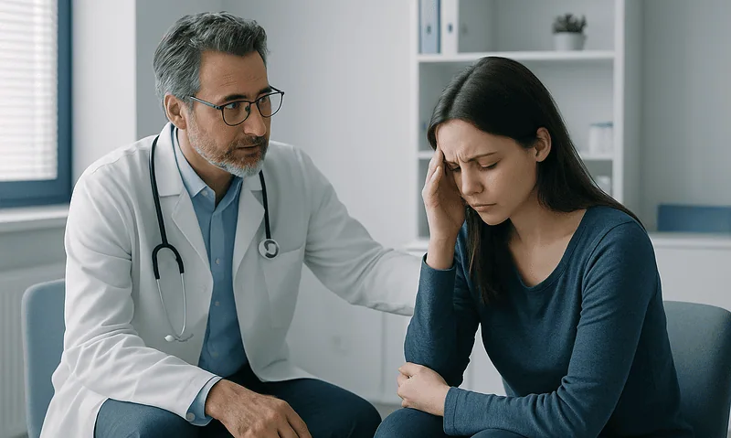 Doctor consulting with a young woman experiencing distress in a medical office.