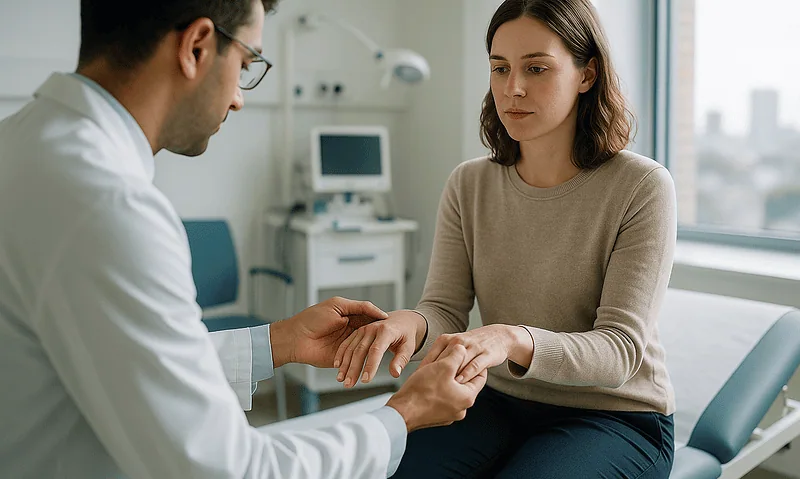 Doctor examining patient's wrist in a medical consultation room.