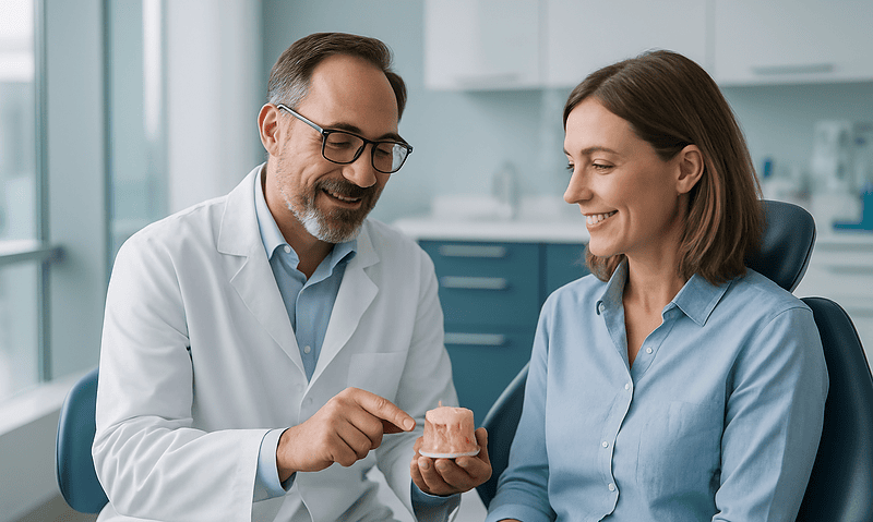 Dentist explaining E-Max crown procedure to patient in clinic.