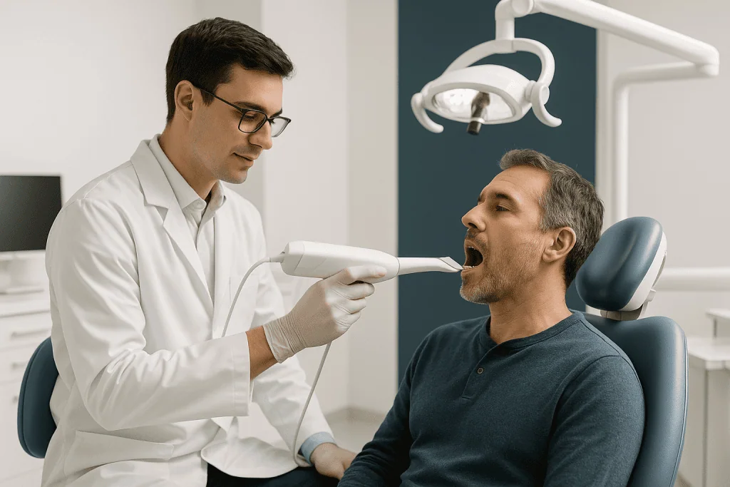 E-Max Crowns 1 Dentist performing oral examination on patient in dental clinic.