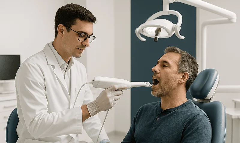 Dentist performing oral examination on patient in dental clinic.