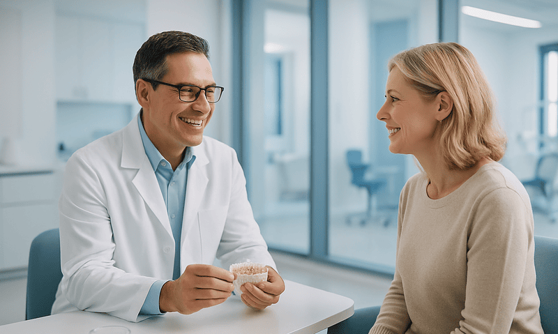 Dentist explaining E-max veneers to a patient in a modern clinic.