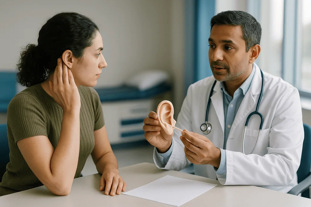 Doctor consulting with female patient about ear model: Ear cartilage rhinoplasty: when a smaller donor site is enough