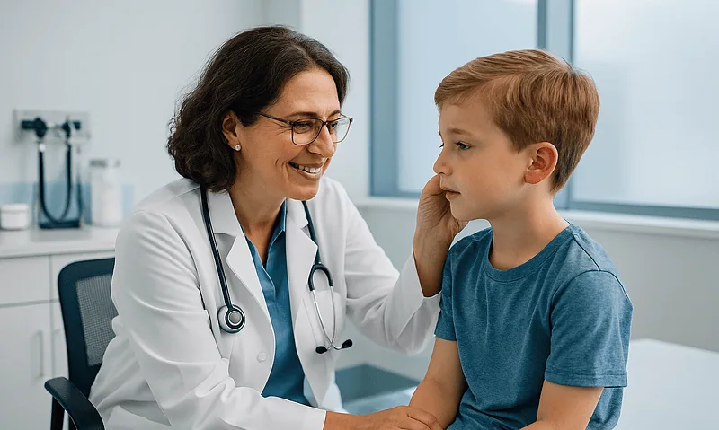 Pediatric ENT consultation at Acibadem Hospital with doctor and young patient.