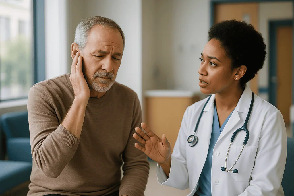 Doctor consulting with middle-aged male patient about ear condition: Ear fullness after the injection: what it is and how lo
