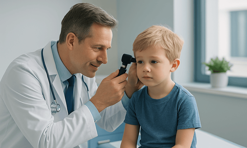 Pediatric ENT doctor examining a young boy's ear with an otoscope.