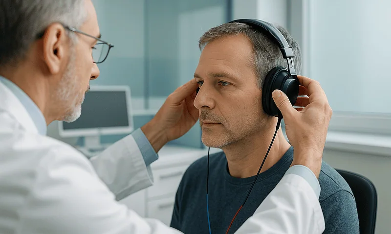 ENT specialist examines a patient with headphones in a clinical setting.