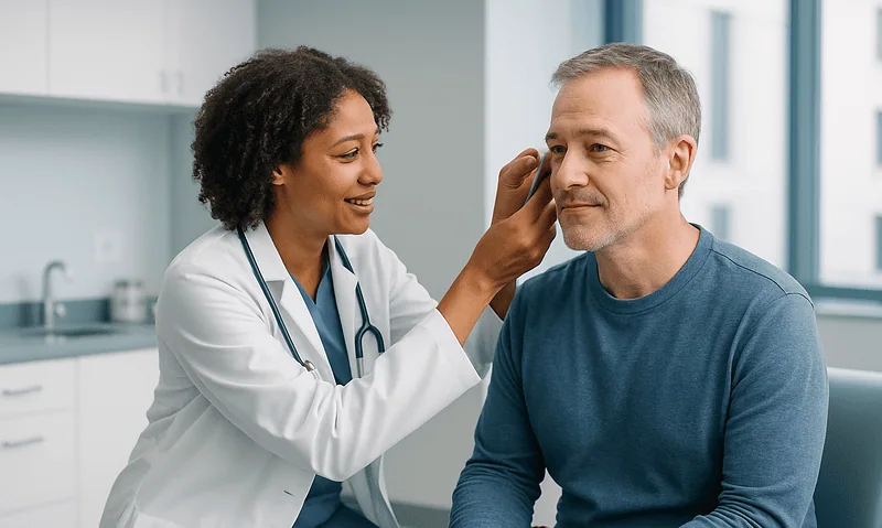 ENT specialist examines a middle-aged male patient's ear in a clinic setting.