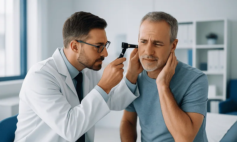 Ear Wax Blockage: Safe Ways to Remove It, What Not to Do and When to See a Doctor 6 ENT doctor examining an older man's ear with an otoscope in a clinic setting.
