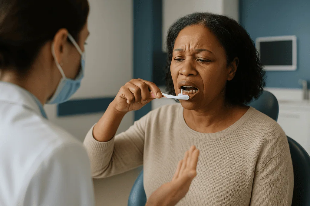 Dentist examining patient's teeth with toothbrush in clinic: Early gum changes: why bleeding gums are the classic referral
