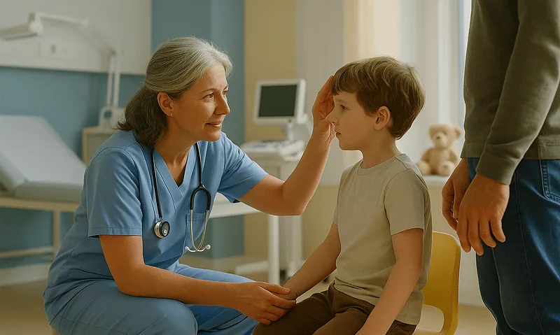 Pediatrician examining a young boy in a medical clinic setting.