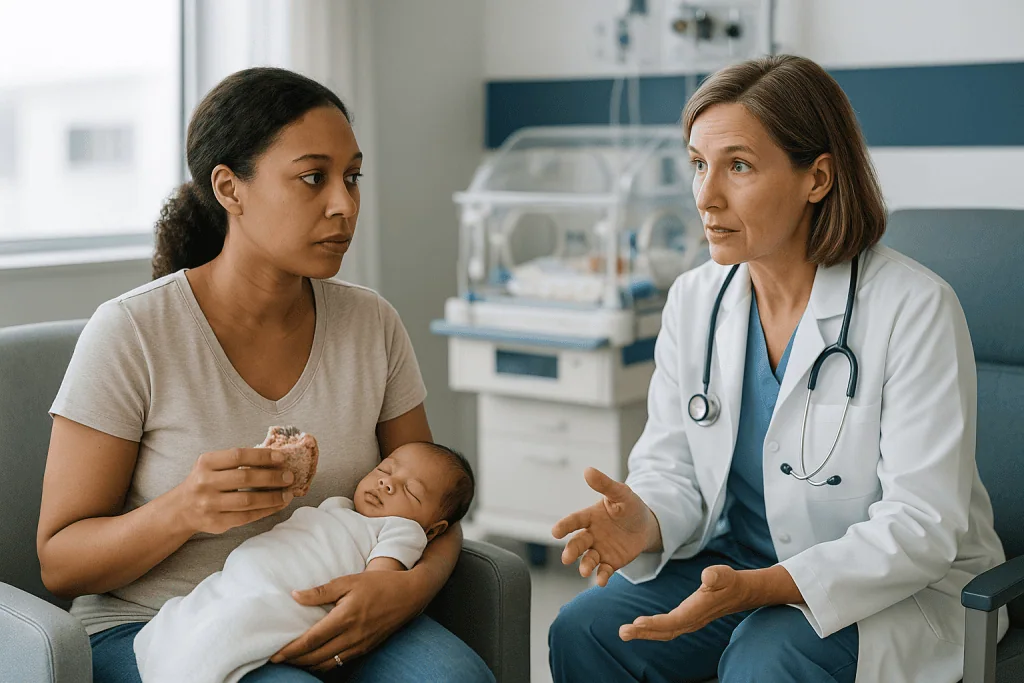 Mother with newborn consulting pediatrician in clinic: Early onset vs late onset neonatal sepsis: where the bacteria come fr