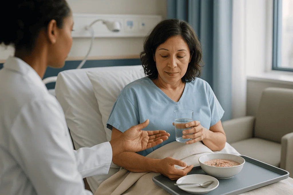 Healthcare provider consulting with patient during meal — Early pain relief after hysterectomy: how multimodal analgesia work
