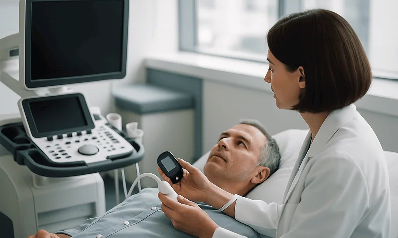 Doctor performing ultrasound exam on male patient in hospital room.