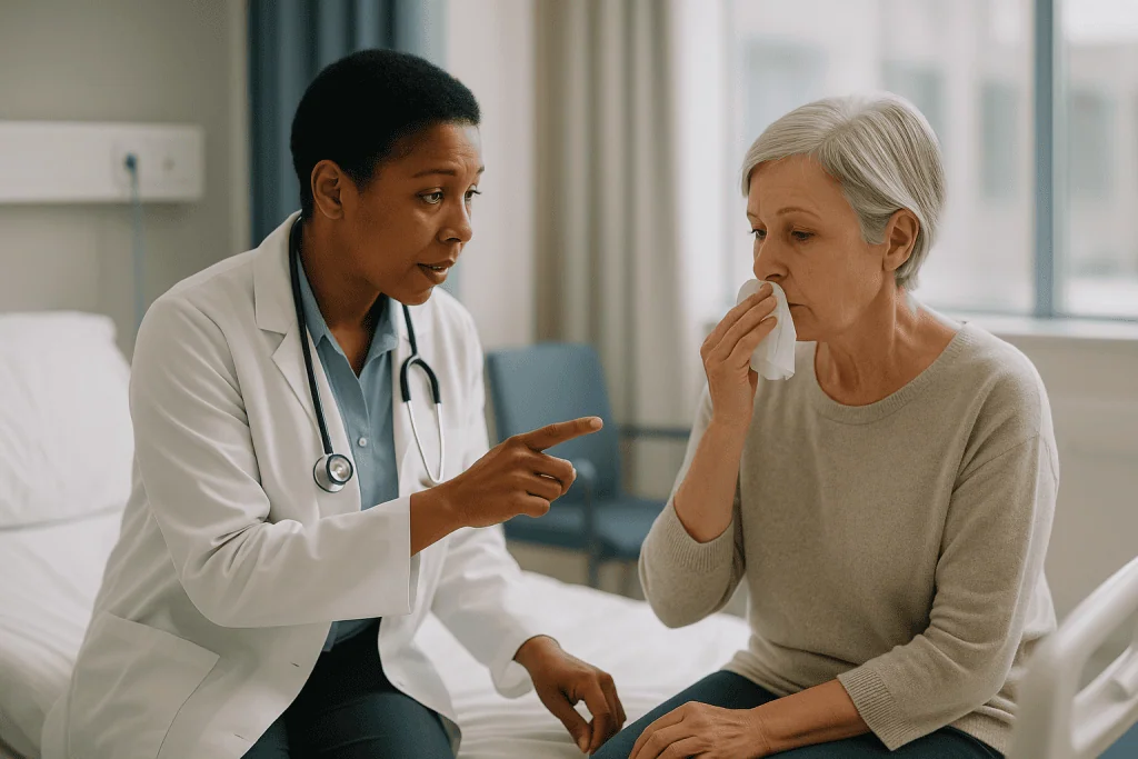 Doctor consulting with elderly patient in hospital room: Early signs of bone marrow failure: what to notice and report