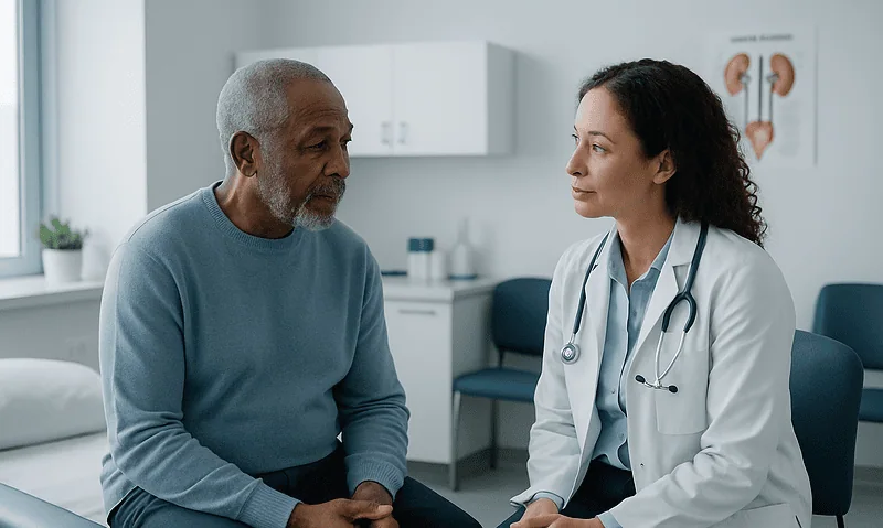 Doctor consulting with an elderly male patient in a medical office.