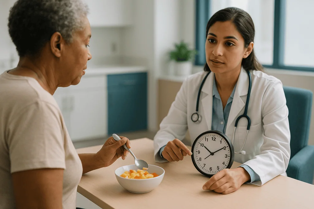 Doctor consulting patient about nutrition and meal timing — Early versus late dumping: two problems on one clock
