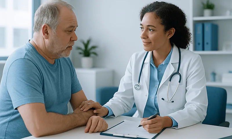 Doctor consulting with an elderly male patient in a medical office.