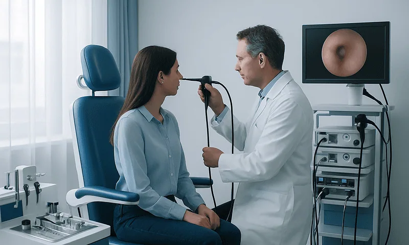 ENT doctor examining patient's ear with endoscope in clinic.