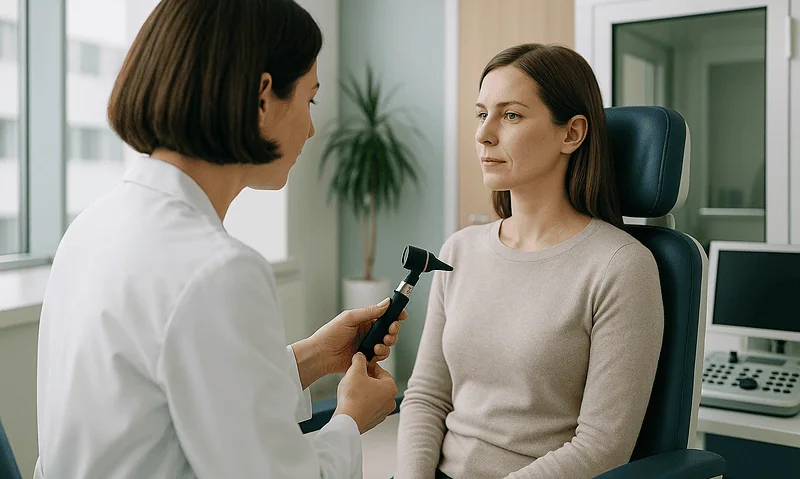 Doctor examining patient's ear with otoscope in clinic setting.