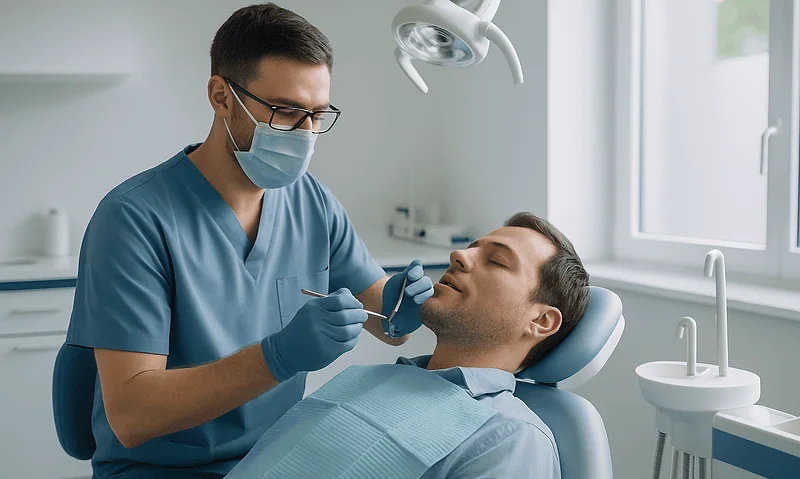Dentist examining patient's mouth in a modern dental clinic.