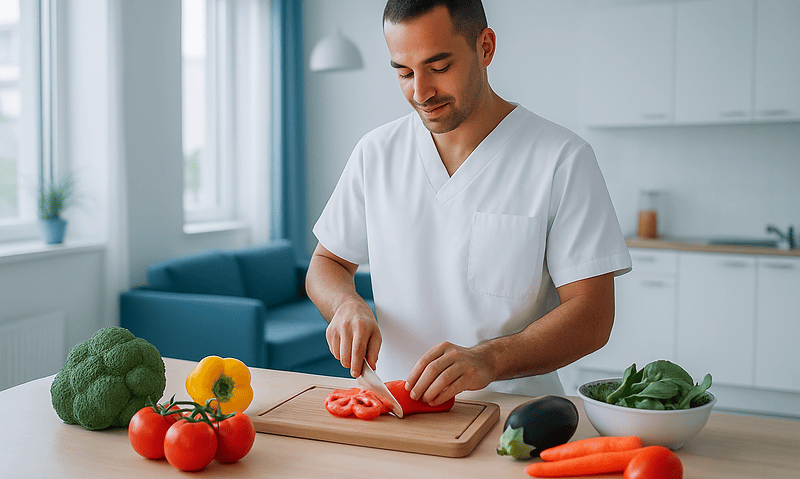 Man preparing soft vegetables for post-tooth extraction diet in modern kitchen.