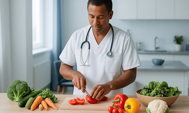 Doctor preparing vegetables in a modern kitchen for a healthy meal.