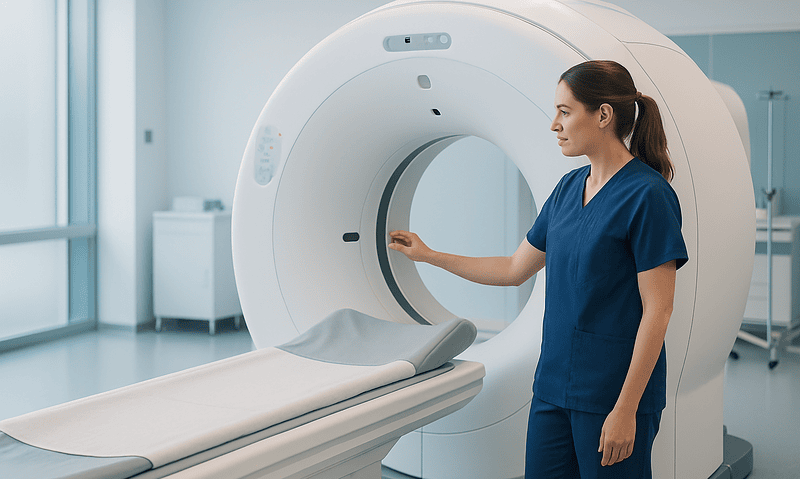 Medical professional prepares MRI scan in a modern hospital setting.