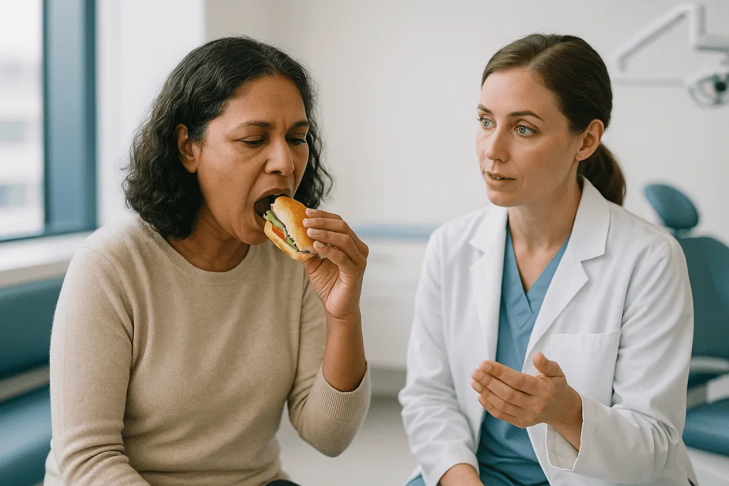Female doctor counseling patient eating sandwich: Eating after dental filling: how long after filling can I eat?