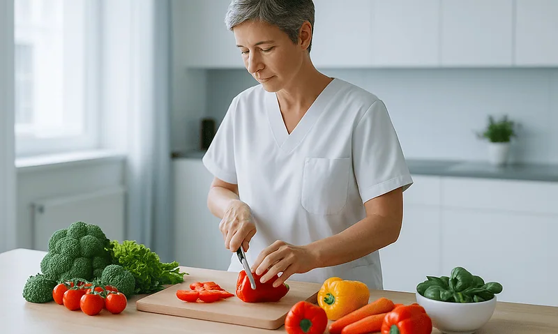 Woman preparing vegetables in a bright kitchen for healthy eating.