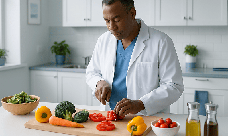 Eating After Hiatal Hernia Surgery: Liquids, Soft Foods and the Return to Normal Meals 4 Doctor preparing fresh vegetables in a modern kitchen for post-surgery diet.