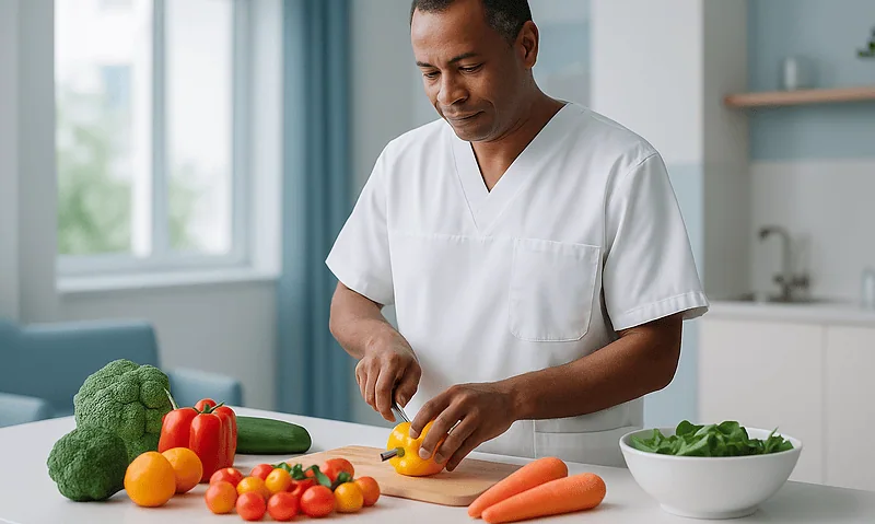 Healthcare professional preparing fresh vegetables in a modern kitchen.