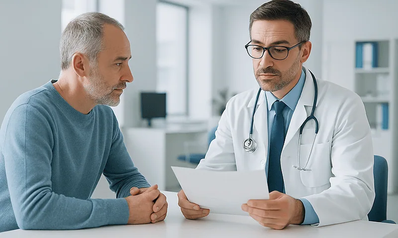 Doctor consulting with a patient in a modern medical office.