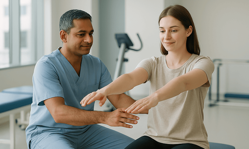 Physical therapy session with a healthcare professional assisting a patient.